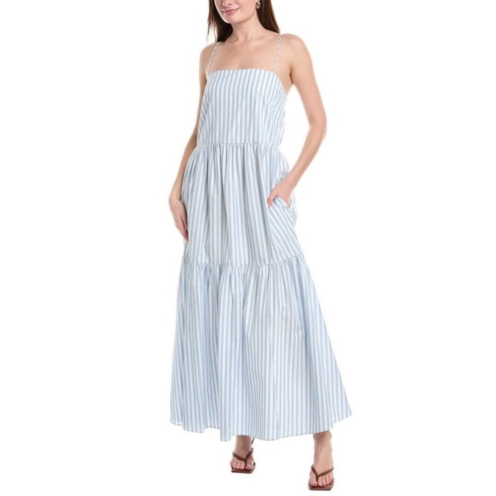 Rag & Bone Blue White Striped Tiered Maxi Dress XL Cotton Square Neck Strappy